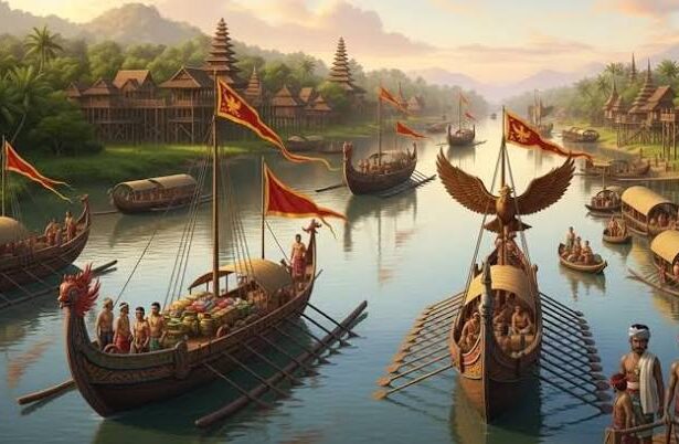 Colorful river scene with longboats and pagoda-style buildings along a tropical riverbank, with people aboard and flags waving.