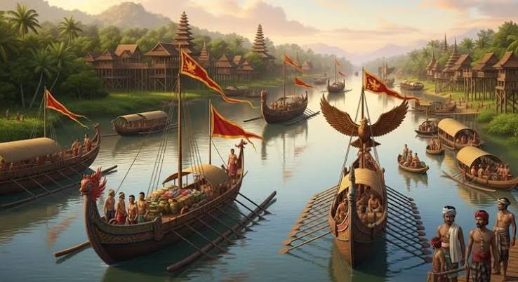 Colorful river scene with longboats and pagoda-style buildings along a tropical riverbank, with people aboard and flags waving.