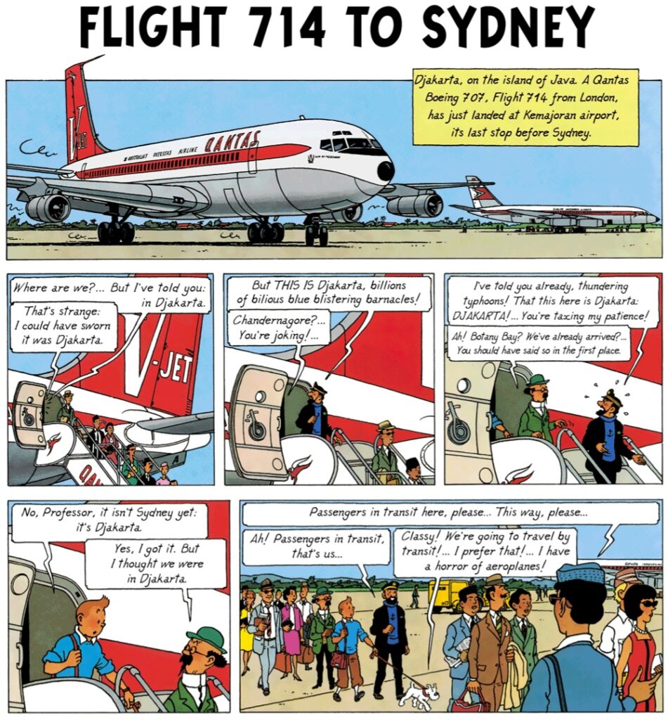 c21_sydney-en-p01_V2 - Mabur.co Comic page titled 'Flight 714 to Sydney' showing a red‑and‑white Qantas jet on a runway, with dialogue panels about Jakarta and catching a flight in transit.