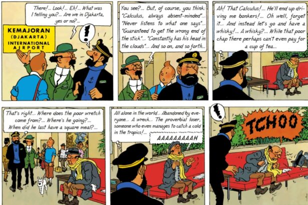 Six-panel comic strip set at an airport. A group of travelers discuss whether they are in Jakarta, then debate calculus and misadventures, ending with a comical explosion and flight of the characters.