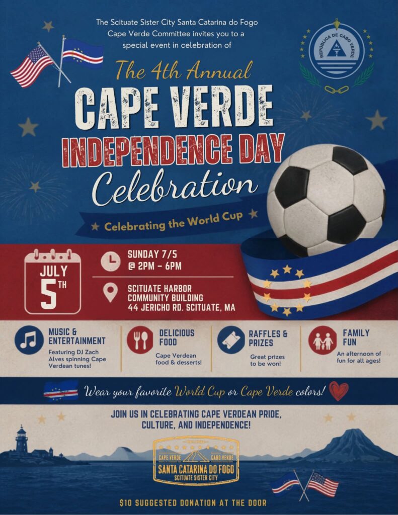 Blue event poster inviting to The 4th Annual Cape Verde Independence Day Celebration with flags, fireworks, and a large soccer ball in the foreground.