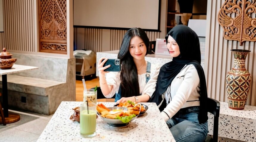 Two women sit at a spotted table, one in a hijab, taking a selfie with a phone as they share a meal.