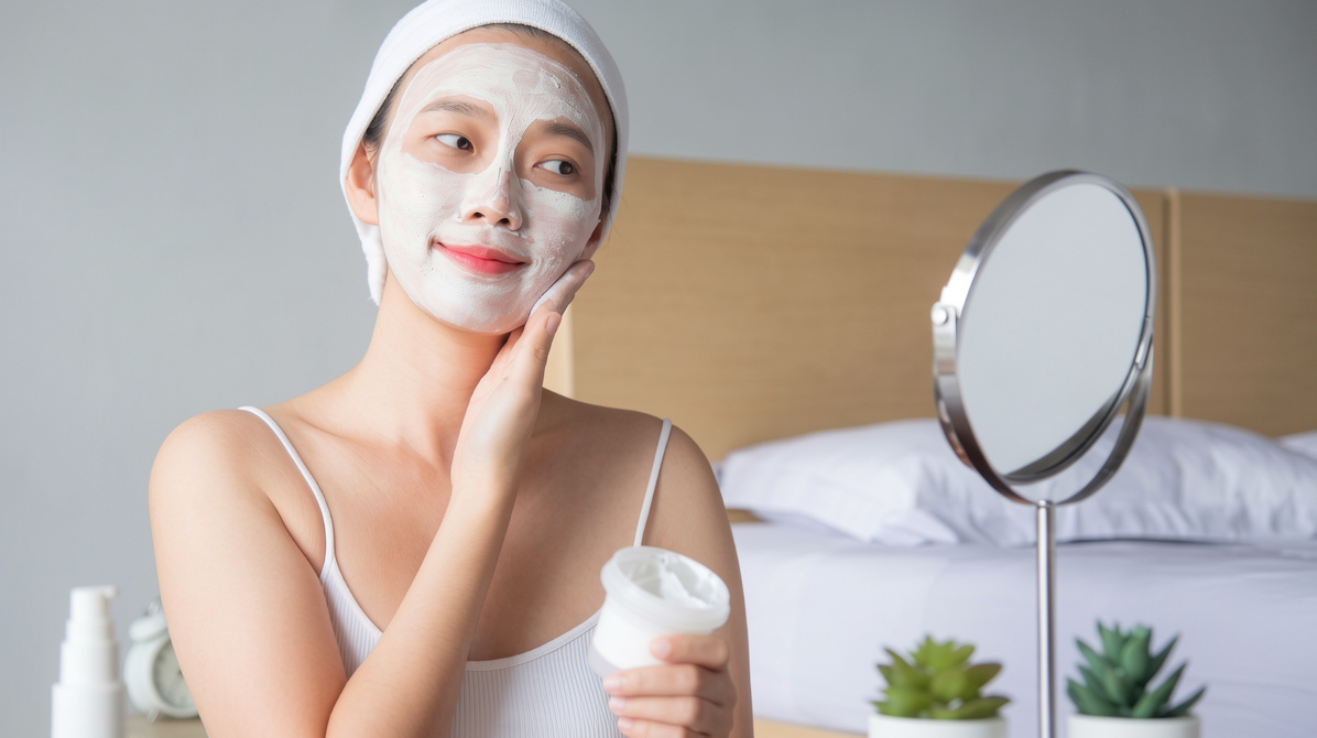 Woman applies a white facial mask while smiling, standing in a bedroom with a mirror nearby.