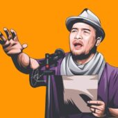 Cartoon man singing into a microphone, holding a sheet of paper, wearing a hat and scarf against an orange background.