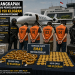 Four suspects in orange vests labeled TERSANGKA 01–04 are handcuffed beside a table of gold bars and coins at an Indonesian airport backdrop with police nearby and a chartered plane in the background is visible as part of the seizure scene.