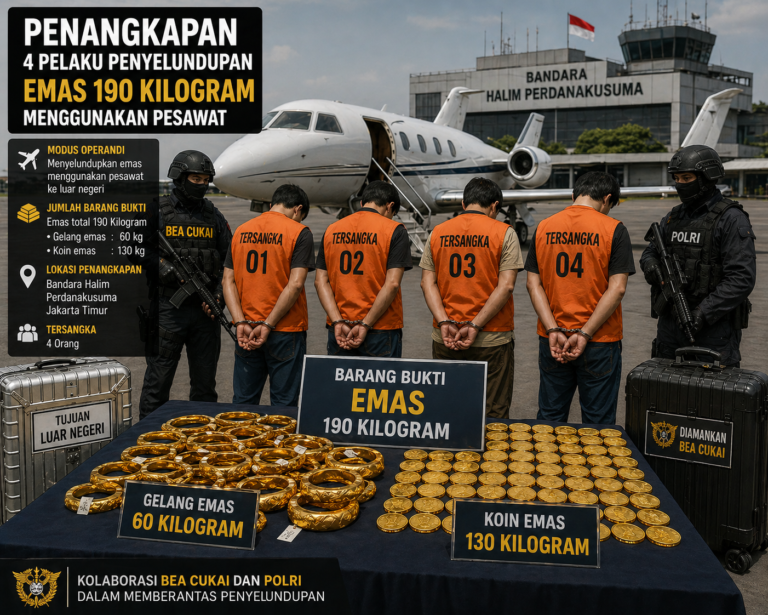 Four suspects in orange vests labeled TERSANGKA 01–04 are handcuffed beside a table of gold bars and coins at an Indonesian airport backdrop with police nearby and a chartered plane in the background is visible as part of the seizure scene.