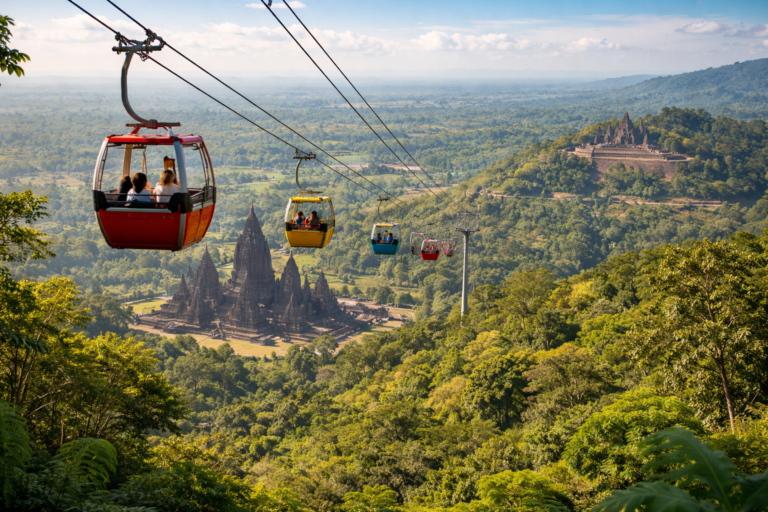 Red cable car with passengers gliding above a lush valley toward Angkor temples in the distance.