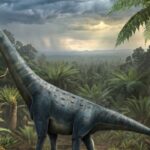 Blue-gray brachiosaurus walking through a lush prehistoric jungle filled with ferns and dense foliage.