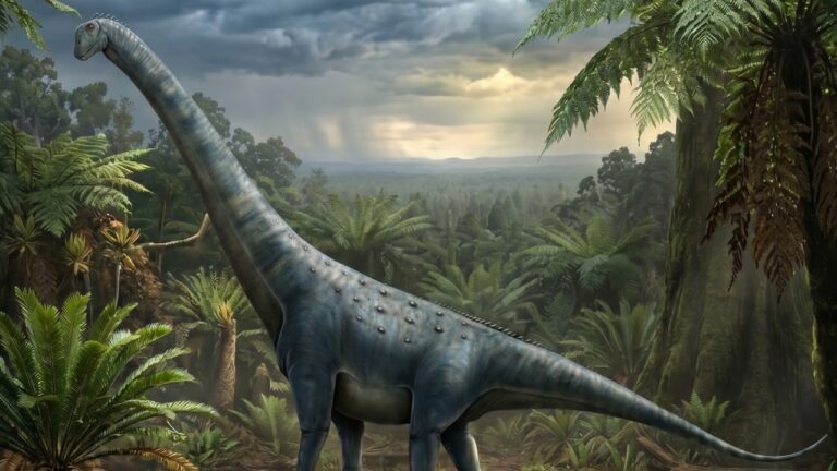 dFQROr7oWzulq5Fa7HCMur0Pk9Ouwoa9VgIdWXCwbaTNOvZhNT0v07HABfPidzBvGX1 - Mabur.co Blue-gray brachiosaurus walking through a lush prehistoric jungle filled with ferns and dense foliage.