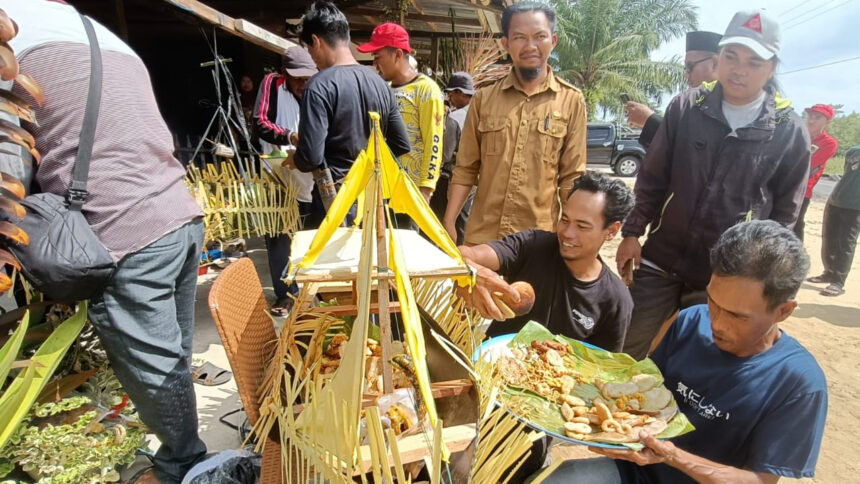 Group of men around an outdoor street food stall, serving fried snacks displayed on banana leaves.