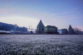 Ancient stone temple ruins in a frost-covered field at dawn, with distant trees and a pale purple sky.