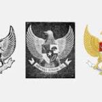 Three heraldic eagle crests displayed in a row: left in black, middle in grayscale, right in color with a shield on the chest and a banner beneath.