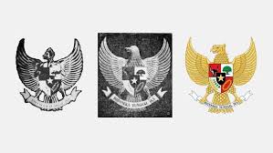 Three heraldic eagle crests displayed in a row: left in black, middle in grayscale, right in color with a shield on the chest and a banner beneath.