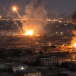 Nighttime battlefield scene with multiple large fires, smoke plumes, and a rocket rising over an urban area by the coast.