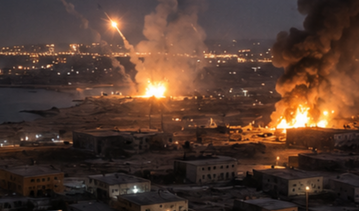Nighttime battlefield scene with multiple large fires, smoke plumes, and a rocket rising over an urban area by the coast.