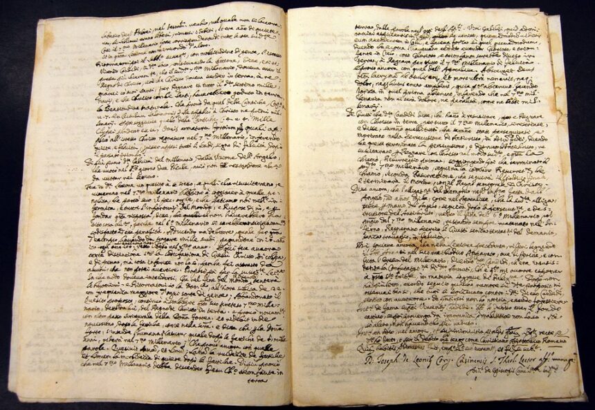 Open two-page spread of an antique manuscript with dense cursive handwriting and yellowed, stained pages on a dark background.