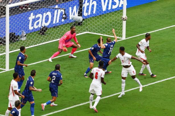 Soccer scene at the goal: players in blue and white contest the ball near the net as the pink-clad goalkeeper guards the goal.