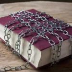 A thick hardcover book bound with heavy metal chains sprawled on a wooden table, symbolizing censorship or restriction.