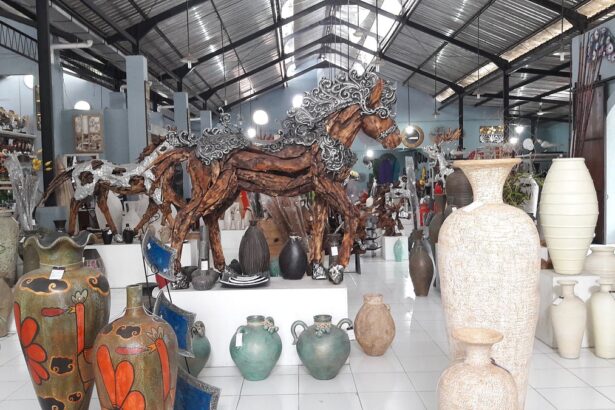 Interior of a pottery shop filled with ceramic vases and a large ornate wooden horse sculpture at the center with silver detailing.