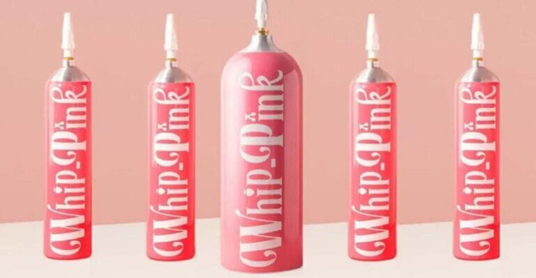 Five pink cosmetic squeeze-tube bottles arranged in a row on a light pink background, labeled lip whip.