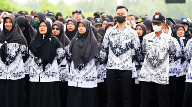 Crowd of people wearing matching black-and-white batik uniforms, including hijab-clad women, at an outdoor event.