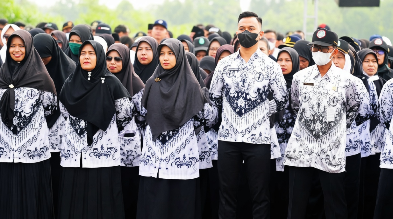 Crowd of people wearing matching black-and-white batik uniforms, including hijab-clad women, at an outdoor event.