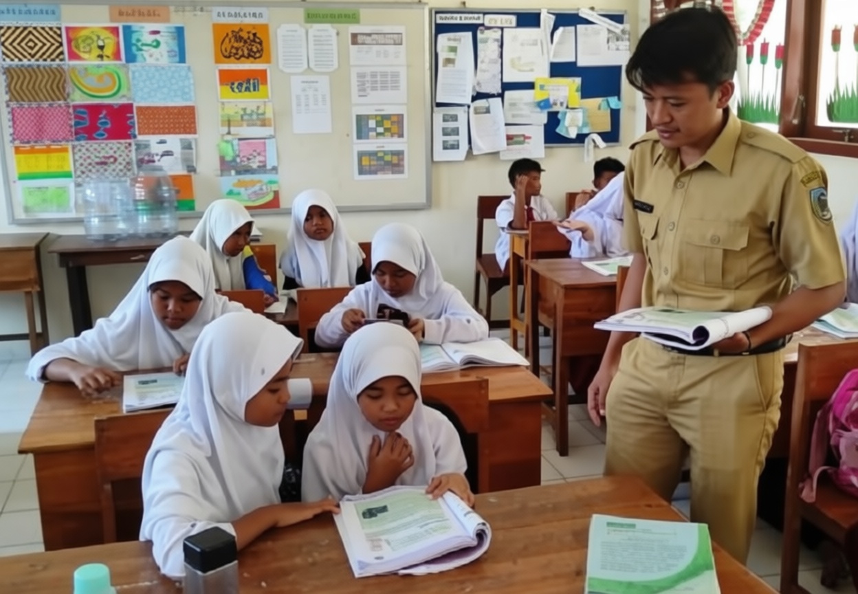 In a classroom, a male teacher in a beige uniform hands out papers to a group of girls wearing white hijabs as they read textbooks at wooden desks.
