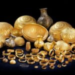A display of gold jewelry and decorative bowls arranged on a dark surface, including bracelets, rings, bangles, and vases.