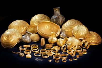 A display of gold jewelry and decorative bowls arranged on a dark surface, including bracelets, rings, bangles, and vases.
