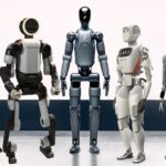 Five humanoid robots standing in a row on a stage, facing forward.