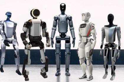 Five humanoid robots standing in a row on a stage, facing forward.