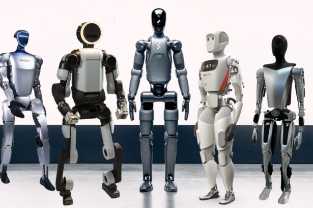 Five humanoid robots standing in a row on a stage, facing forward.