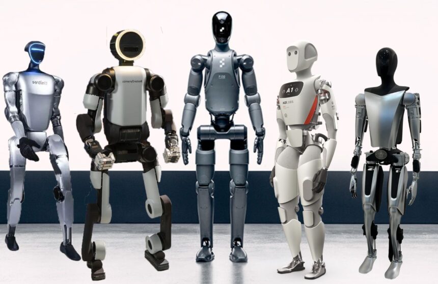 Five humanoid robots standing in a row on a stage, facing forward.