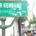 Green street sign reading 'Jl. Pasar Kembang' on a weathered post, with a busy market street and trees in the background.