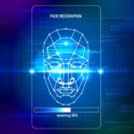Face recognition interface with a wireframe head and a 58% scanning progress bar on a blue digital background in neon tones.