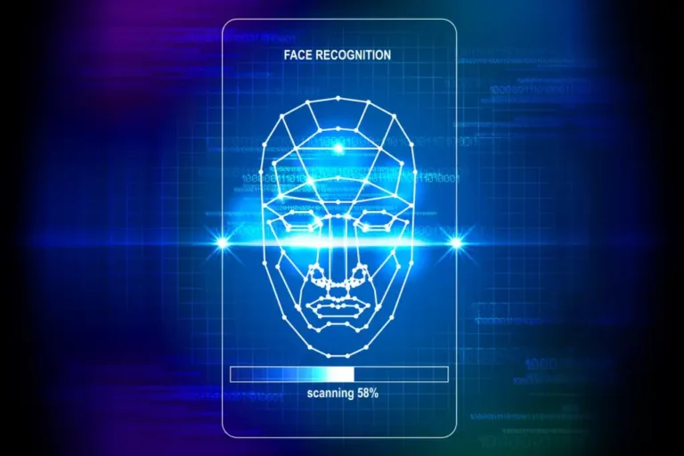 Face recognition interface with a wireframe head and a 58% scanning progress bar on a blue digital background in neon tones.
