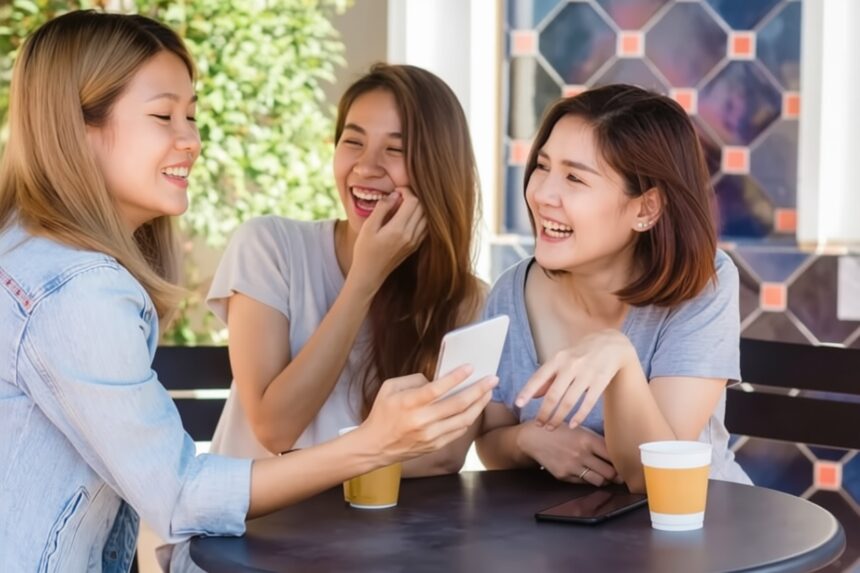 Three friends sit at a round outdoor table, smiling and looking at a smartphone together, with coffee cups nearby.