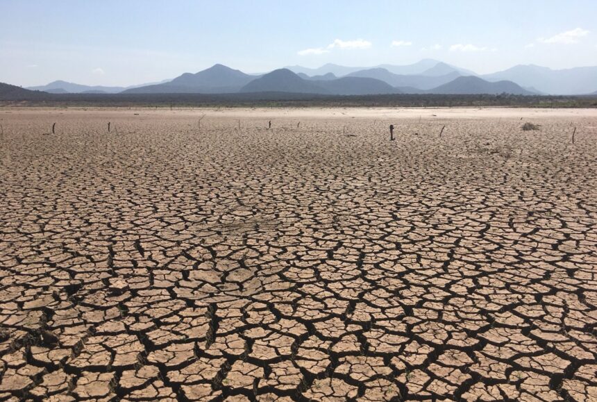 Dry, cracked earth of a parched lakebed with distant mountains on the horizon under a clear sky.