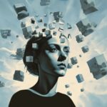 Stylized portrait of a woman with floating cubes around her head, symbolizing ideas and creativity.