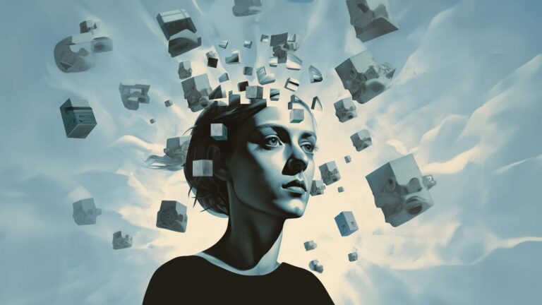 Stylized portrait of a woman with floating cubes around her head, symbolizing ideas and creativity.