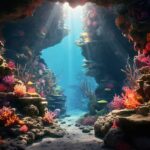 Underwater cave with sunbeams filtering through and colorful coral along rocky walls