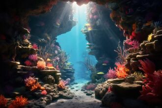 Underwater cave with sunbeams filtering through and colorful coral along rocky walls