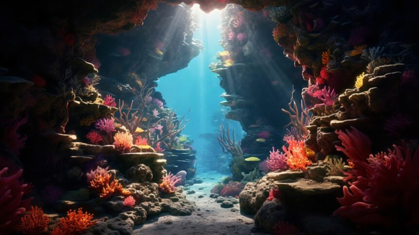 ilustrasi bawah laut by greenlab co id - Mabur.co Underwater cave with sunbeams filtering through and colorful coral along rocky walls