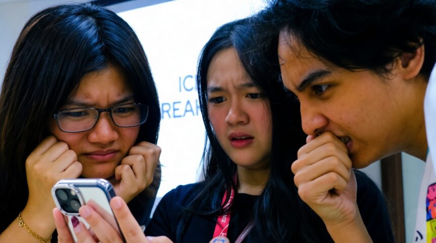 Three young people gathered around a smartphone, frowning and looking concerned.