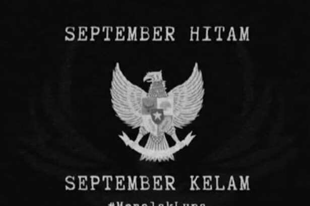 Black poster with the Garuda emblem and the phrases 'September Hitam' and 'September Kelam', plus the hashtag #MenolakLupa.