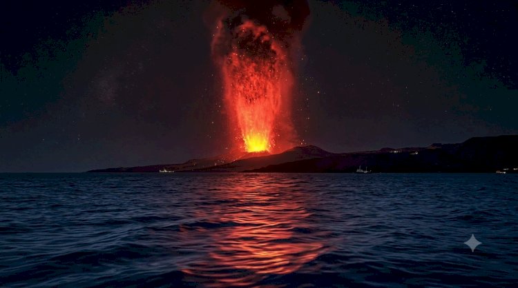 Nighttime volcanic eruption with lava plume shooting above a dark coastline, lava reflected on the water surface