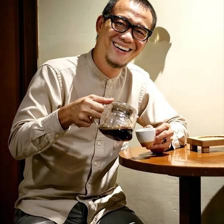 images 10 - Mabur.co Smiling man with glasses pours coffee from a glass carafe into a small cup at a round wooden table.