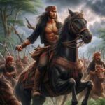 Warrior with long hair and a headband rides a black horse at the front of a charging army, in a fantasy battle scene.