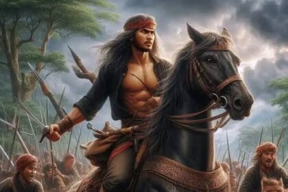Warrior with long hair and a headband rides a black horse at the front of a charging army, in a fantasy battle scene.