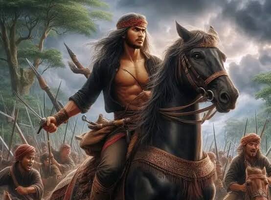 Warrior with long hair and a headband rides a black horse at the front of a charging army, in a fantasy battle scene.